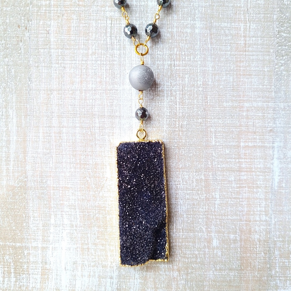 Black & Grey Druzy Pendant Necklace